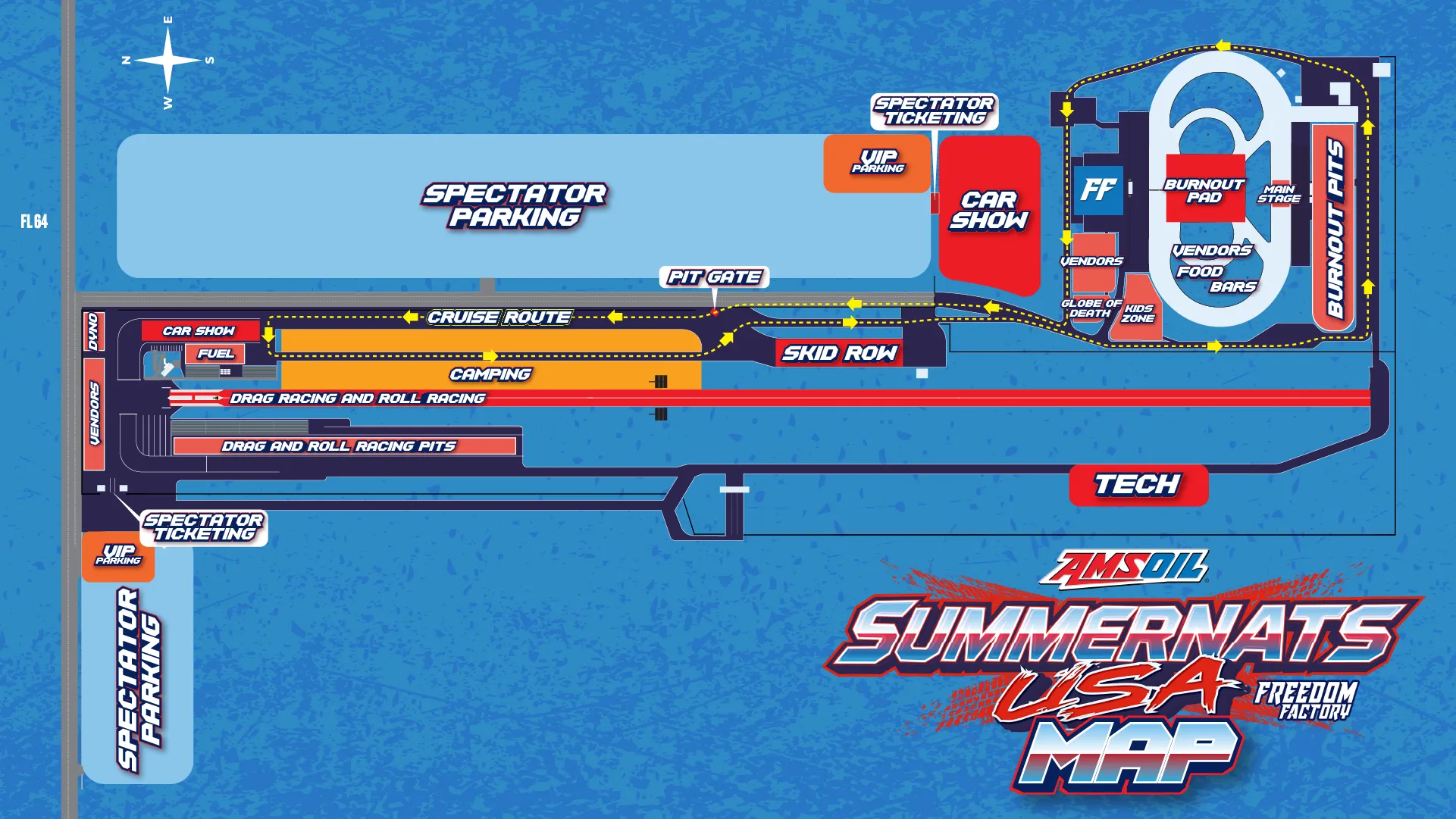 Summernats USA event map of Freedom Factory off FL-64: spectator parking, spectator ticketing and VIP parking at two entries; the car show; the pit gate; the cruise route; camping; Skid Row; the drag racing and roll racing strip with its pits, dyno, vendors, fuel and tech; and the main precinct with the burnout pad, main stage, burnout pits, vendors, food, bars, the Globe of Death and the kids zone.